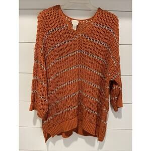 Chico’s Orange Metallic Striped Crochet Knit Sweater 3/4 Sleeve Sz 3 (XL)